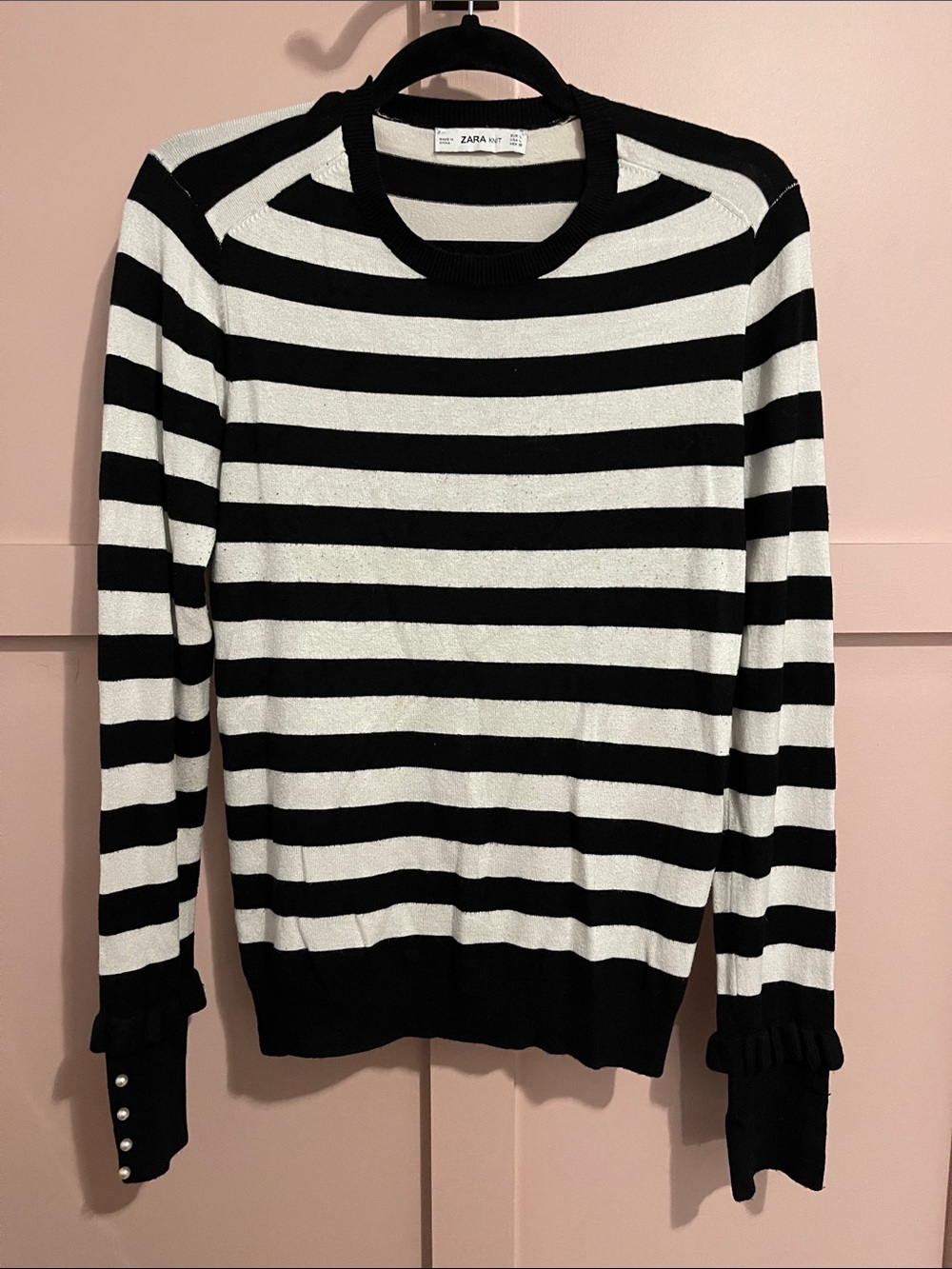 Zara Black & White Striped Crewneck Sweater with Pearl Cuff Detail